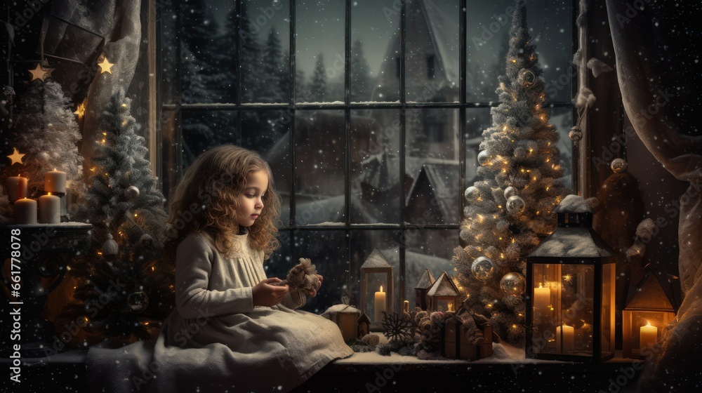 A young woman sitting by a window with snowy outdoor looking at a christmas snowy tree. Generative AI