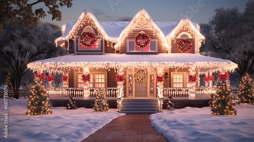 Traditional houses decorated with christmas garlands and lights at evening.
