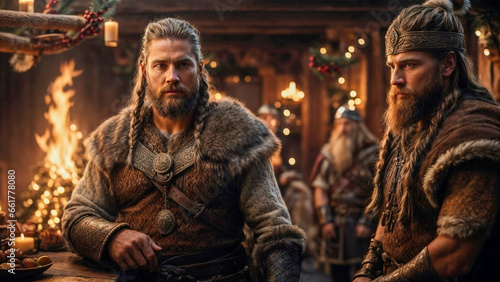 A Viking-themed Christmas  with warriors in festive attire and a Yule log burning on a longship.