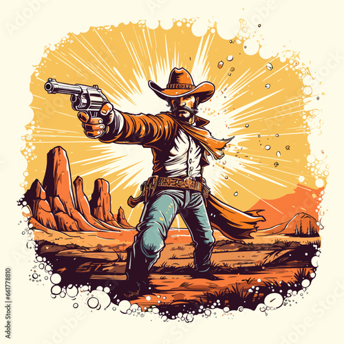 Cowboy with a gun. Shooting cowboy hand-drawn comic illustration. Vector doodle style cartoon illustration