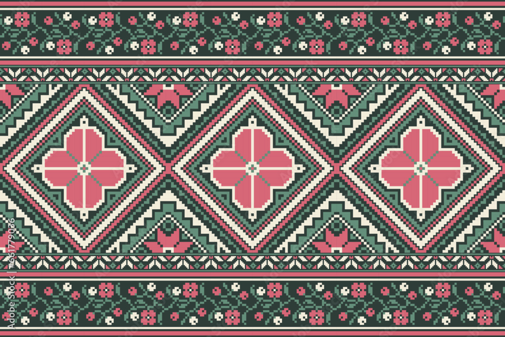 flower embroidery on green background. ikat and cross stitch geometric seamless pattern ethnic oriental traditional. Aztec style illustration design for carpet, wallpaper, clothing, wrapping, batik.