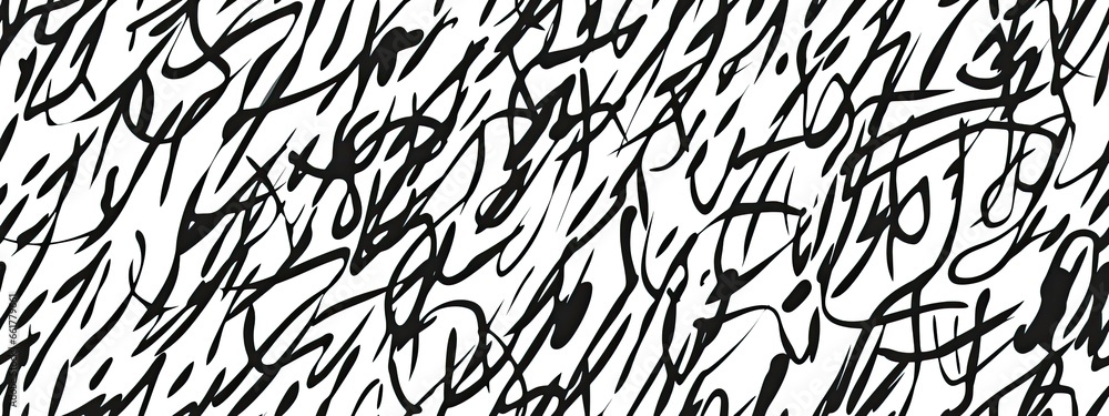 Seamless abstract chaotic ink pen, marker scribble background texture. Trendy childish squiggly doodle drawing line art backdrop. Bold black pattern