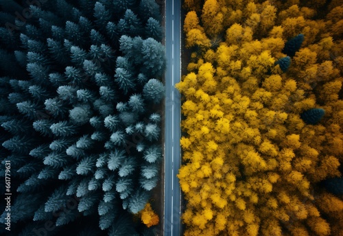 Nature's Pathways: Aerial Symphony of Roadways Through Enchanting Forest Canopy with yellow trees