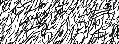 Seamless abstract chaotic ink pen, marker scribble background texture. Trendy childish squiggly doodle drawing line art backdrop. Bold black pattern
