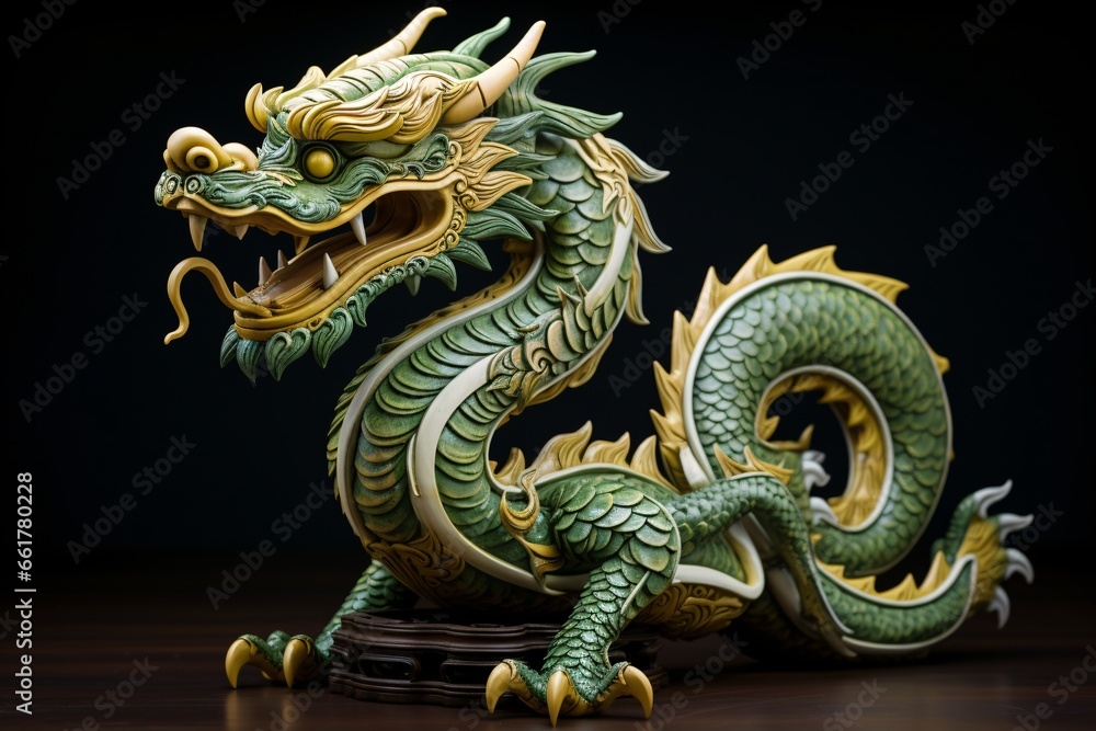 Sragon. Green wooden dragon. Dragon head made of wood. Chinese dragon Sragon. Green wooden dragon. Dragon head made of wood. Chinese dragon