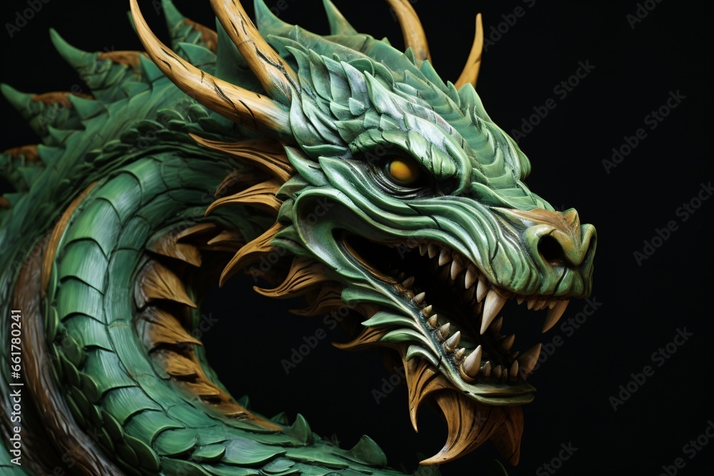 Sragon. Green wooden dragon. Dragon head made of wood. Chinese dragon Sragon. Green wooden dragon. Dragon head made of wood. Chinese dragon