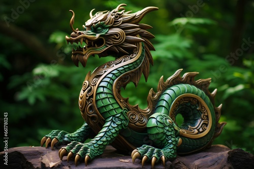 Sragon. Green wooden dragon. Dragon head made of wood. Chinese dragon