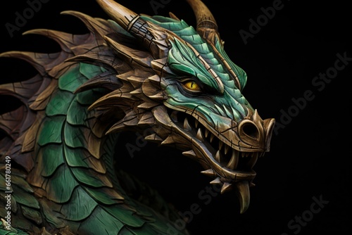 Sragon. Green wooden dragon. Dragon head made of wood. Chinese dragon © vachom