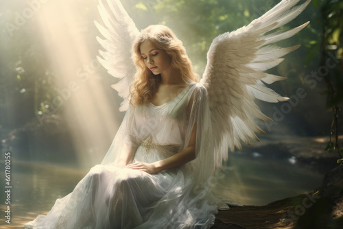 Ethereal and heavenly guardian angel watching over a peaceful scene photo