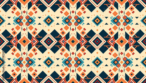 Ikat geometric ornament with diamonds. Ikkat. Seamless pattern. Aztec style. Tribal ethnic vector texture. Folk embroidery, Indian, Scandinavian, Gypsy, Mexican, African rug, wallpaper.