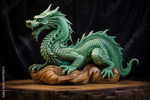 Sragon. Green wooden dragon. Dragon head made of wood. Chinese dragon