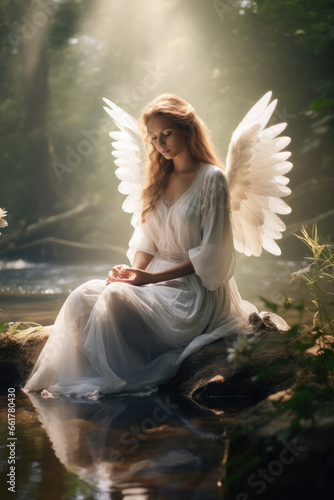 Ethereal and heavenly guardian angel watching over a peaceful scene