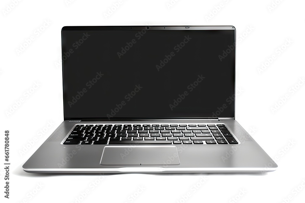 Fototapeta premium Business streamlined technology. Digital workspace. Open modern laptop with blank screen on white background isolated