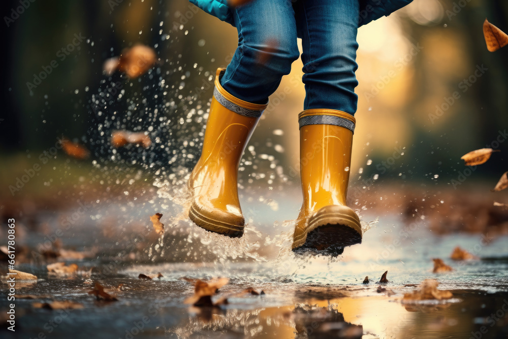 Child in rubber boots jumping over puddle in rain Child in rubber boots jumping over puddle in rain