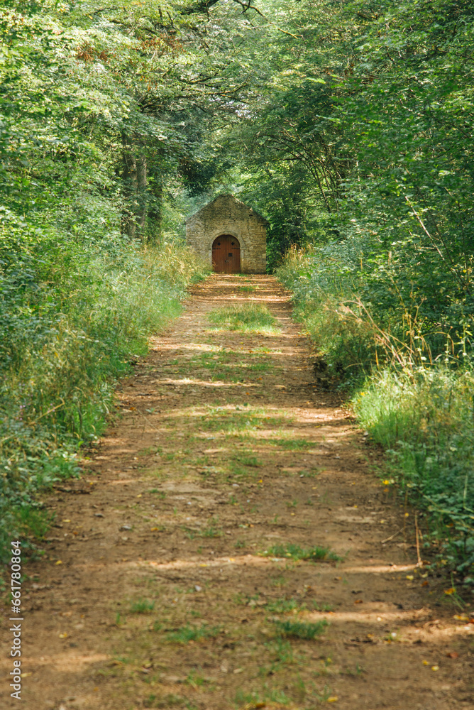 Un chemin dans la forêt. Une route dans les bois menant à une chapelle. Eglise dans une forêt. Lieu de spiritualité dans les bois. Au bout du chemin, une église. Religion et nature Un chemin dans la forêt. Une route dans les bois menant à une chapelle. Eglise dans une forêt. Lieu de spiritualité dans les bois. Au bout du chemin, une église. Religion et nature
