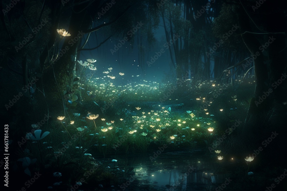 Enchanting scene with glowing plants and fireflies. Generative AI