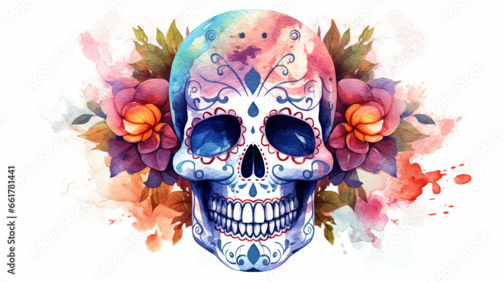 Watercolor painting in shades of white of a sugar skull or Mexican catrina. Day of the Dead Watercolor painting in shades of white of a sugar skull or Mexican catrina. Day of the Dead