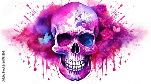 Watercolor painting in shades of magenta of a sugar skull or Mexican catrina. Day of the Dead