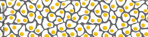 Many fried eggs on blue background, food in the flat style, abstract vector design seamless pattern