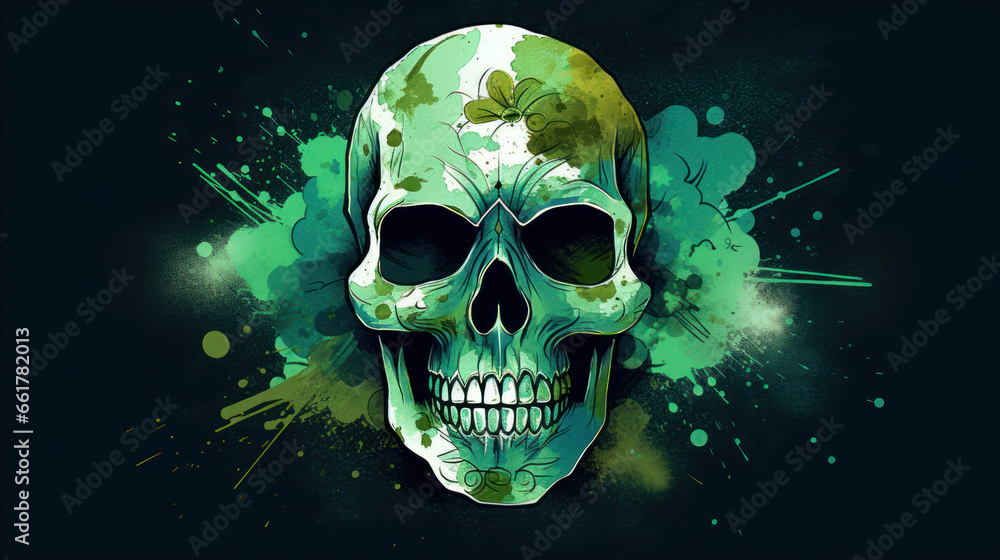 Watercolor painting in shades of dark green of a sugar skull or Mexican catrina. Day of the Dead Watercolor painting in shades of dark green of a sugar skull or Mexican catrina. Day of the Dead