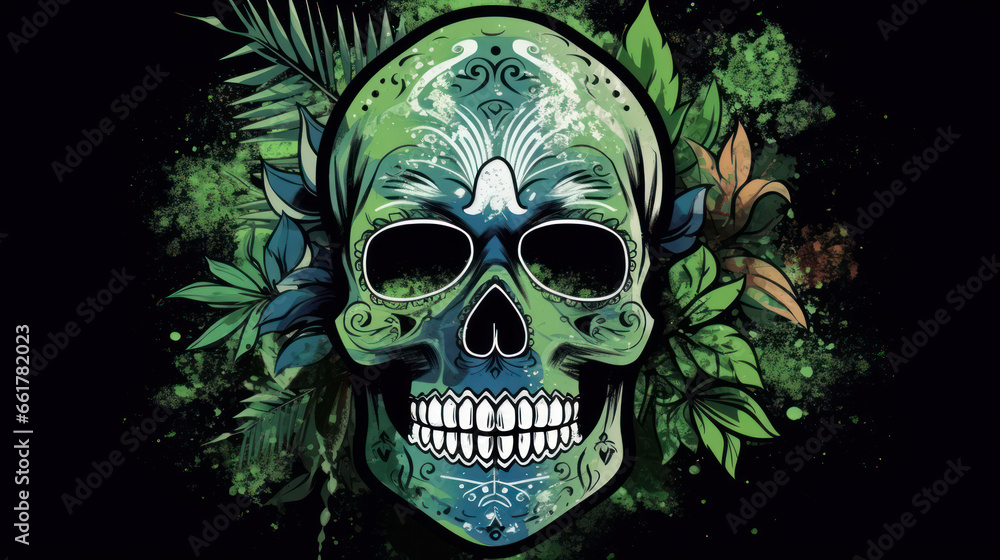 Watercolor painting in shades of dark green of a sugar skull or Mexican catrina. Day of the Dead Watercolor painting in shades of dark green of a sugar skull or Mexican catrina. Day of the Dead