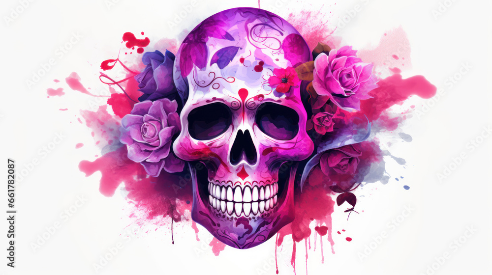 Watercolor painting in shades of dark magenta of a sugar skull or Mexican catrina. Day of the Dead Watercolor painting in shades of dark magenta of a sugar skull or Mexican catrina. Day of the Dead