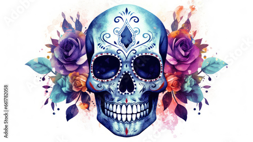 Watercolor painting in shades of dark blue of a sugar skull or Mexican catrina. Day of the Dead