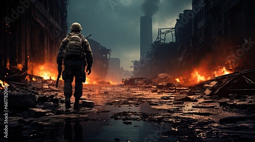 Lone soldier walking in destroyed city