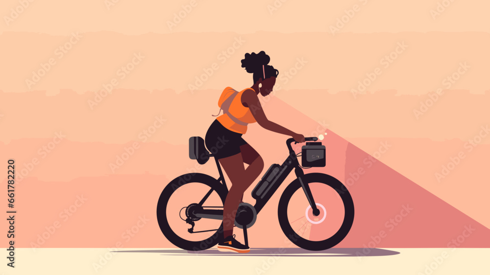 Obraz premium copy space, flat 2D vector illustration, a black woman riding on an e-bike. Alternative eco friendly transportation. Zero emission. Clean and sustainable transportation.