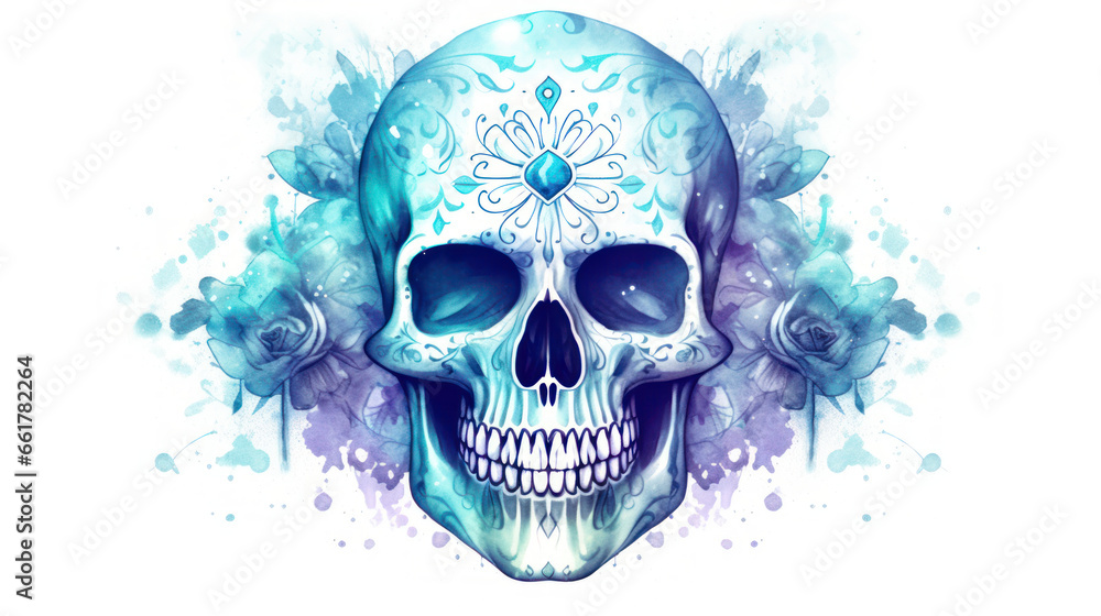 Watercolor painting in shades of light cyan of a sugar skull or Mexican catrina. Day of the Dead Watercolor painting in shades of light cyan of a sugar skull or Mexican catrina. Day of the Dead