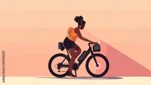 copy space  flat 2D vector illustration  a black woman riding on an e-bike. Alternative eco friendly transportation. Zero emission. Clean and sustainable transportation.