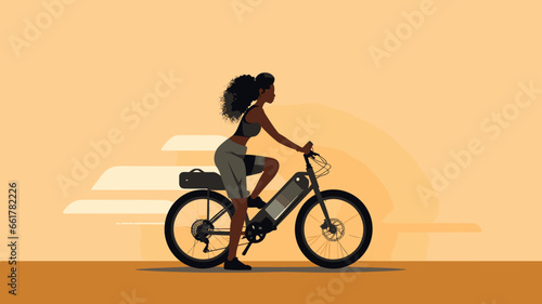 copy space, flat 2D vector illustration, a black woman riding on an e-bike. Alternative eco friendly transportation. Zero emission. Clean and sustainable transportation.