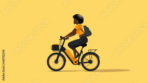 copy space, flat 2D vector illustration, a black woman riding on an e-bike. Alternative eco friendly transportation. Zero emission. Clean and sustainable transportation.