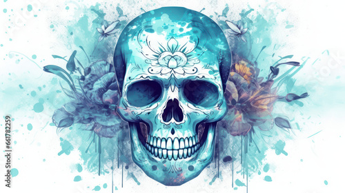 Watercolor painting in shades of light cyan of a sugar skull or Mexican catrina. Day of the Dead