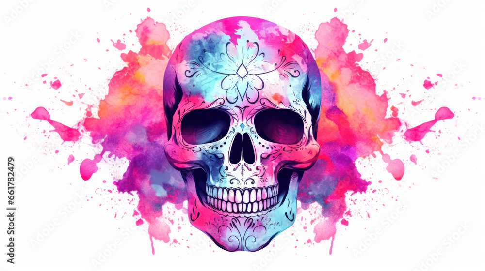 Watercolor painting in shades of vivid pink of a sugar skull or Mexican catrina. Day of the Dead