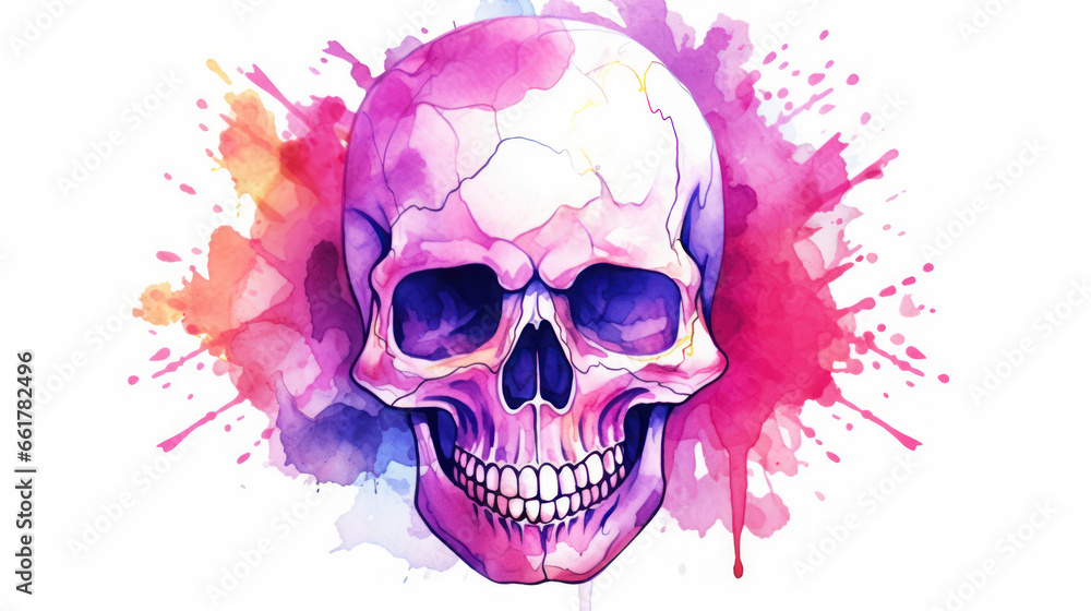 Watercolor painting in shades of vivid pink of a sugar skull or Mexican catrina. Day of the Dead Watercolor painting in shades of vivid pink of a sugar skull or Mexican catrina. Day of the Dead