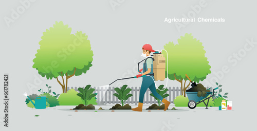 Farmers use agricultural chemicals to spray crops.