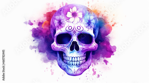 Watercolor painting in shades of vivid purple of a sugar skull or Mexican catrina. Day of the Dead