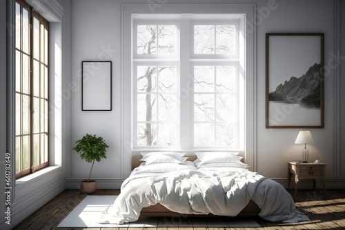 Serene Bedroom with White Bedspread and Wooden Floor - Peaceful Retreat