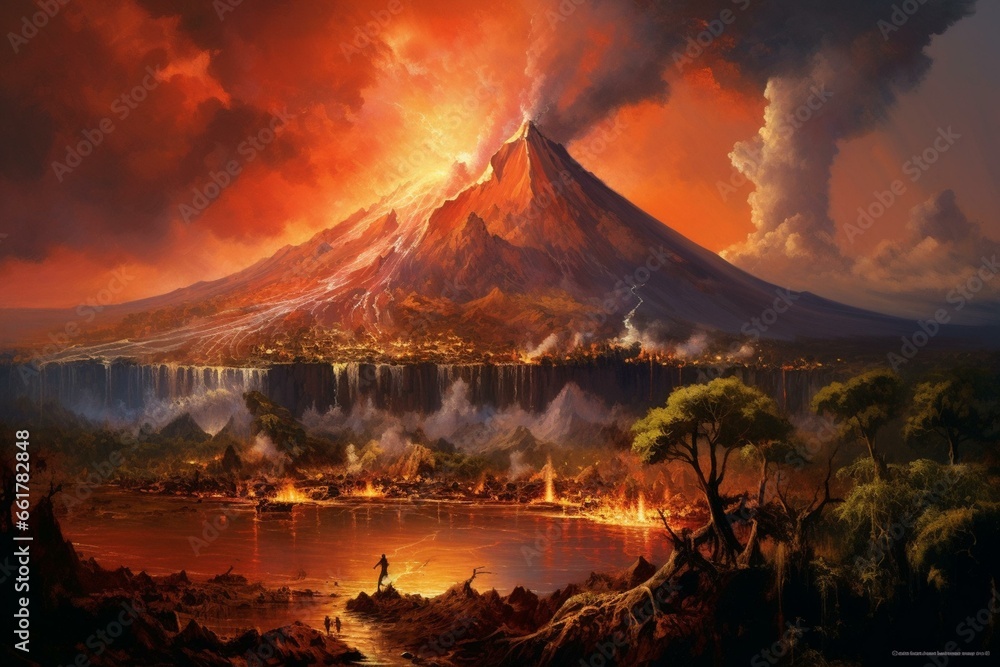 Volcano overlooking enchanted fictional realm. Generative AI