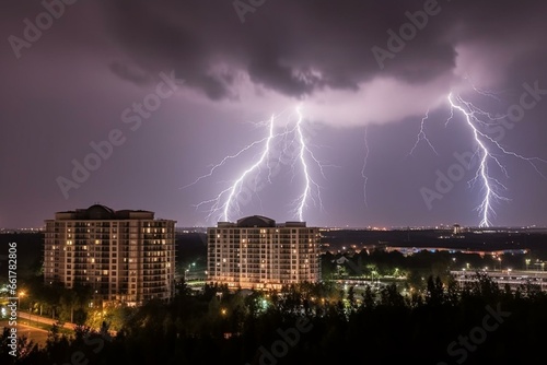 Large lightning striking above urban area in night with a dark backdrop. Generative AI