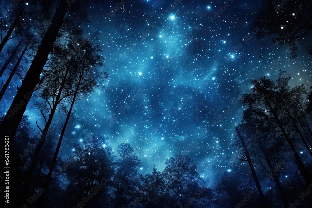 a sky full of stars over an empty forest with trees. nightlife