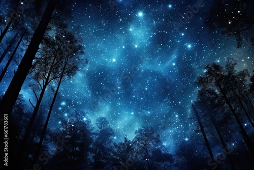 a sky full of stars over an empty forest with trees. nightlife © Rangga Bimantara