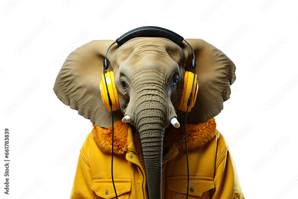 elephant using earphones without background