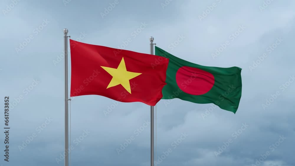 Bangladesh flag and Vietnam flag waving together on cloudy sky, endless seamless loop, two country relations concept Bangladesh flag and Vietnam flag waving together on cloudy sky, endless seamless loop, two country relations concept
