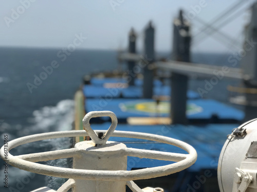 A blurred view merchant ship underway at sea