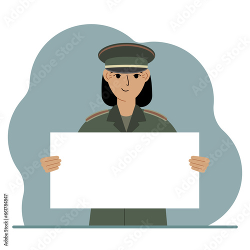 A military man in uniform holds a white sheet of paper in his hands. Concept for advertising, poster, banner.