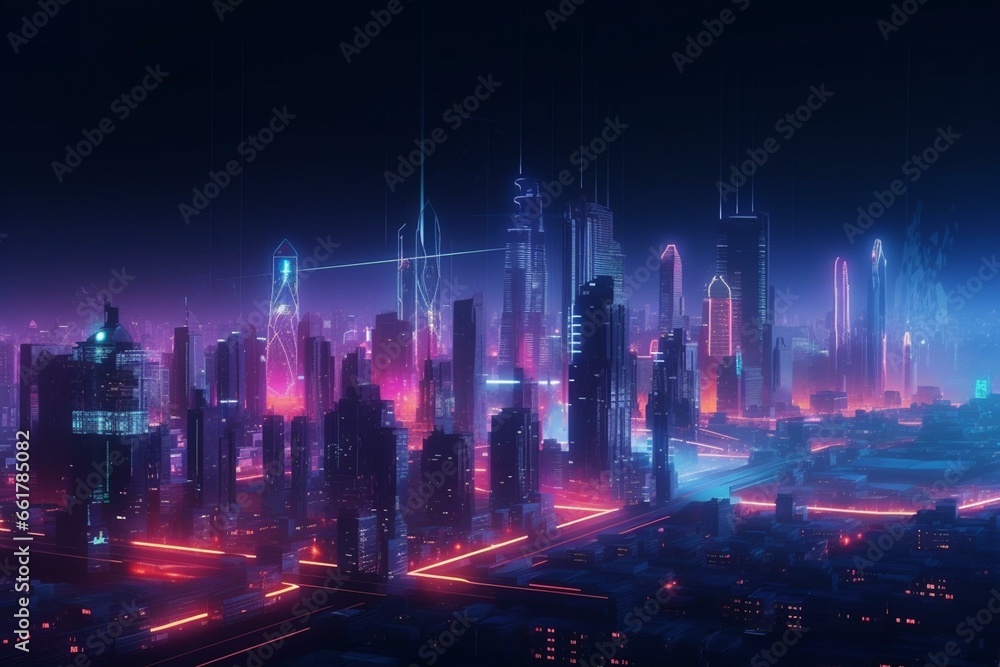 Nighttime cityscape with vibrant neon lights and futuristic high-rise buildings. Generative AI