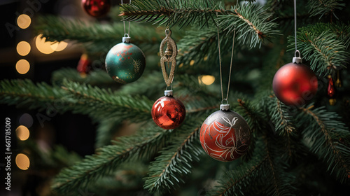 Close-up of a Christmas tree branch with glass ball ornaments.