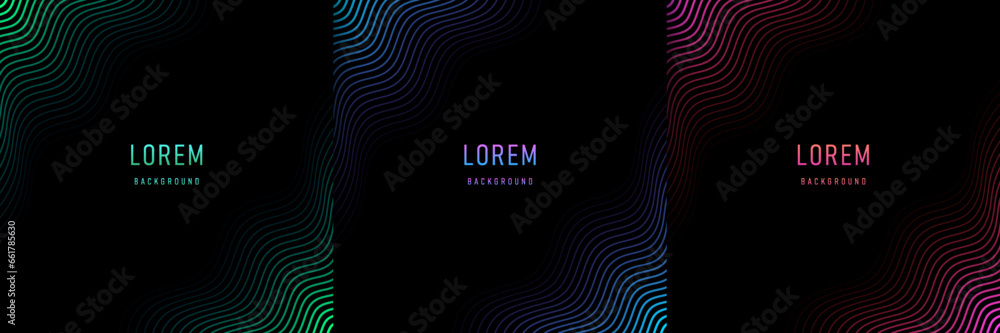 Set of abstract pink, blue and green wavy lines pattern in corner on black background with copy space. Collection of illuminate wave line neon color in futuristic technology concept. Vector EPS10. - obrazy, fototapety, plakaty 